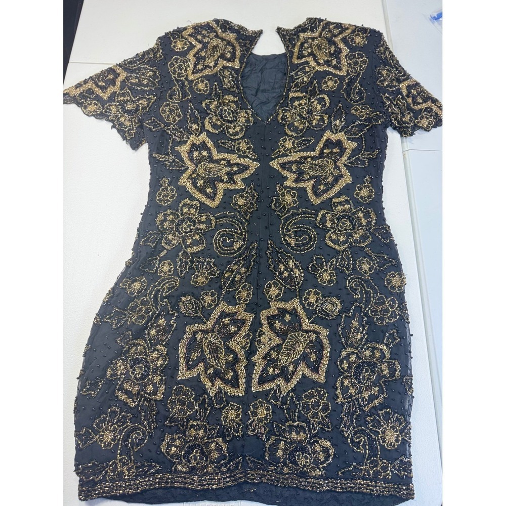 Black Tie Beaded Dress Size 10 Gold Flowers Vintage Cocktail‎ Party - Picture 9 of 11